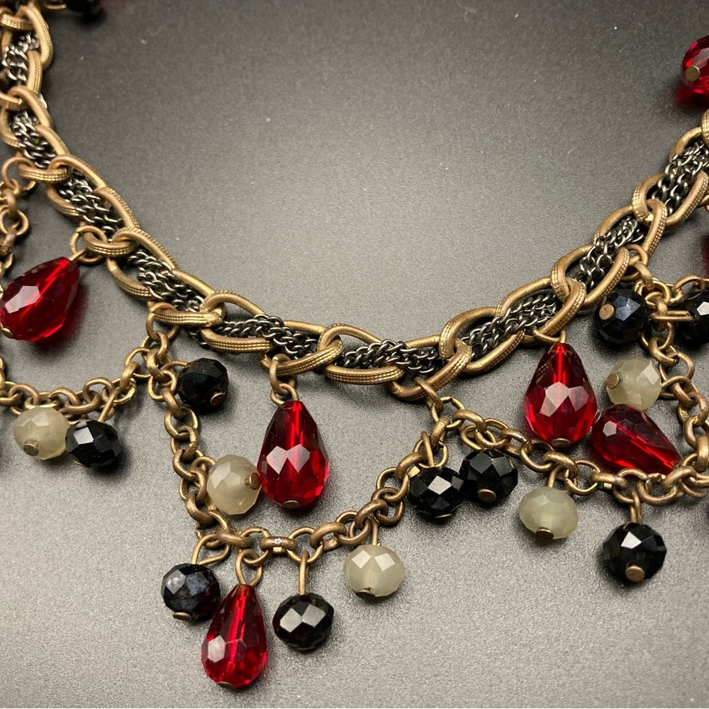Multi-Strand Red and Black Crystal Beaded Statement Necklace